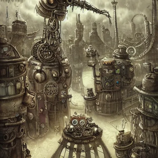 Prompt: machinarium city, steampunk style, fantasy style, super high detail, super high quality, talented artist, trending on artstation