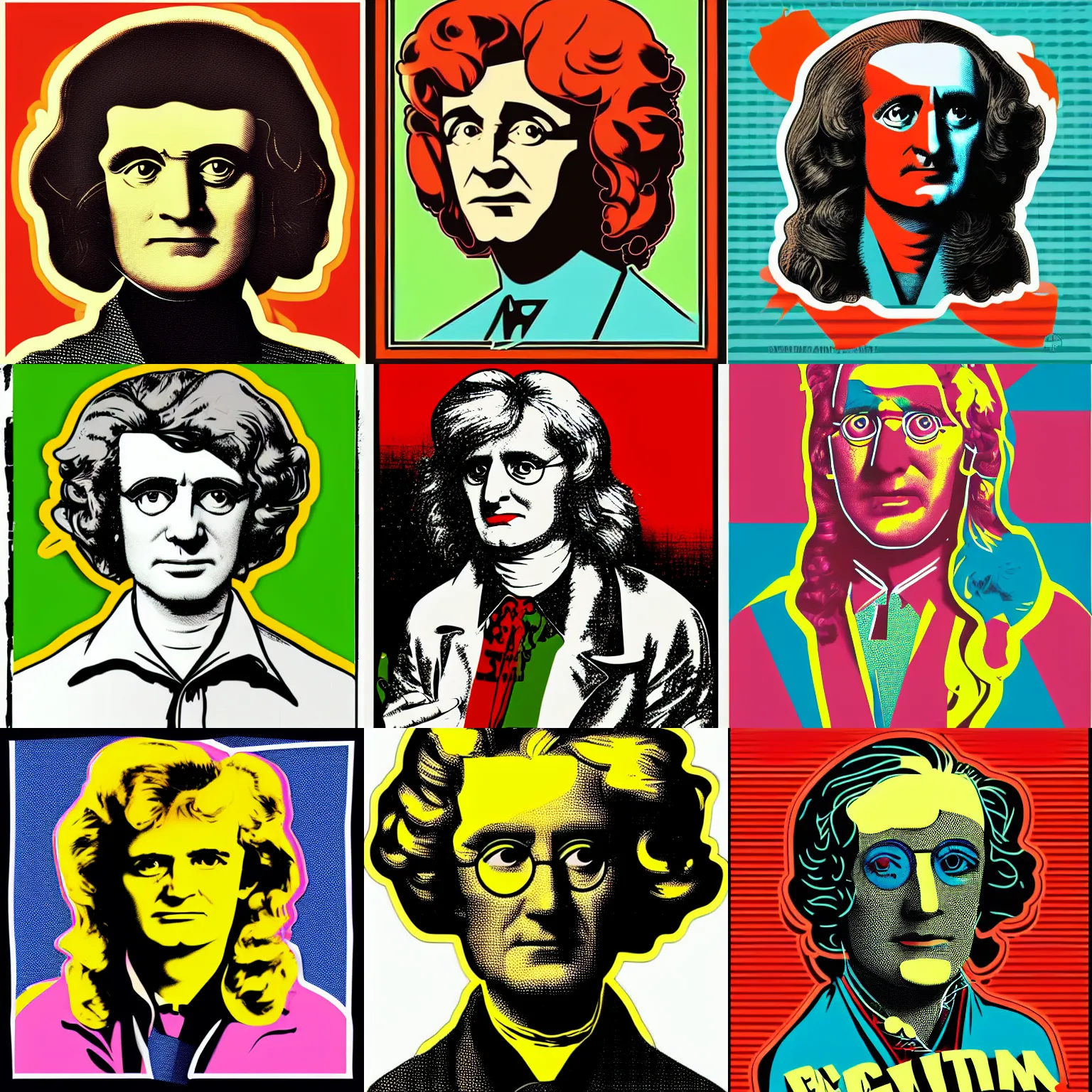 Prompt: isaac newton big wig, sticker, silk screen print, vector, andy warhol style, illustration by butcher billy