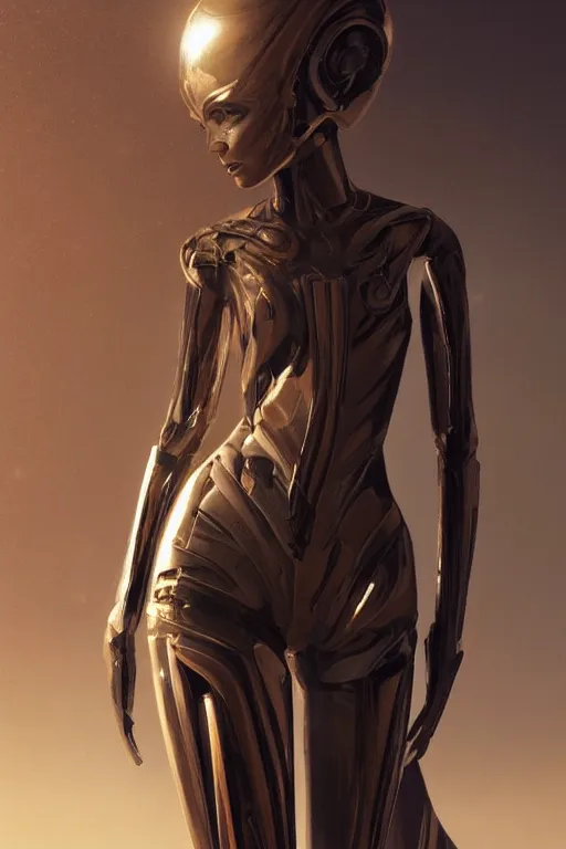 Prompt: full figure portrait, dynamic pose, of a thin elongated female android made of chrome and woodgrain, lean sleek styling, feminine curves, reflective, inscribed etched with gnostic runes, by jessica rossier