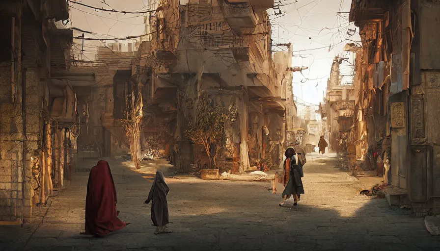 Image similar to old jeddah city stree, roshan, shops, a big magical glowing time portal, a nomad wearing a worn out coat, plants, old tree, kids, dramatic lighting fantasy, sci fi, by caspar david friedrich by beeple and james gilleard and justin gerard, centered, artstation, smooth, sharp focus, photoreal octane render, by jean baptiste monge