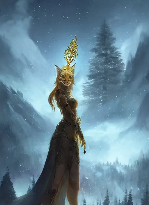 Prompt: fantasy art by charlie bowater and yoshitaka amano, lynx holding a golden intricately decorated shiny scepter, night, spruce trees on the sides, mountains in the background, eerie dark atmosphere, moonlit, back light