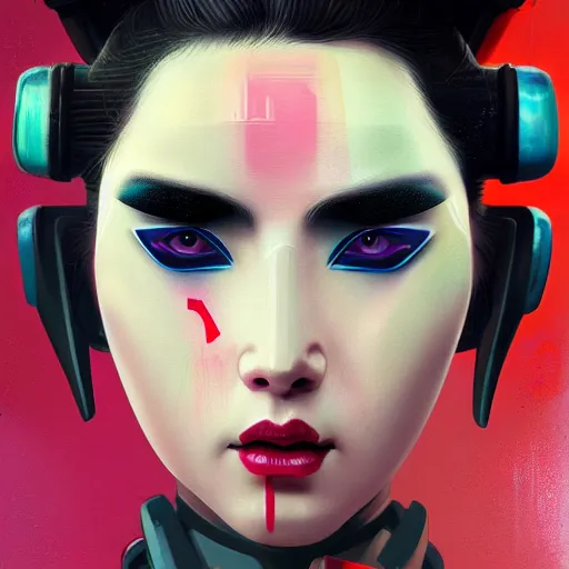 Image similar to cyberpunk geisha android robot portrait painting, medium shot, asymmetrical, profile picture, organic painting, sunny day, matte painting, bold shapes, hard edges, street art, trending on artstation, by huang guangjian, ash thorp and gil elvgren and sachin teng