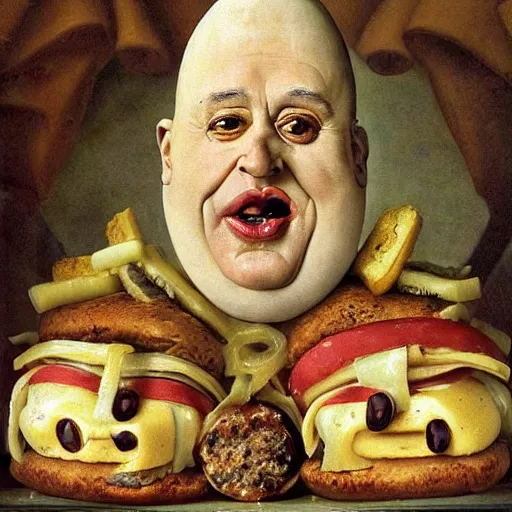 Image similar to a amazing new surrealist hybrid of the pope mixed with an anthropomorphic cheeseburger made of the popes face by giuseppe arcimboldo and kandinskali and catrin welz - stein, melting cheese, steamed buns, grilled artichoke, sliced banana, salami, milk duds, licorice allsort filling