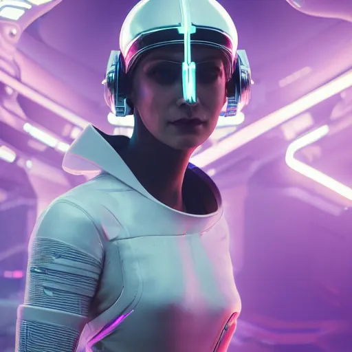 Image similar to portrait of a cyborg woman in white sci - fi helmet stylized as cyberpunk 2 0 7 7 style game design fanart by gervasio canda, greg rutkowski, shishkin, neon glow, volumetric illumination, ray tracing, cryengine, hdr render in unreal engine 5