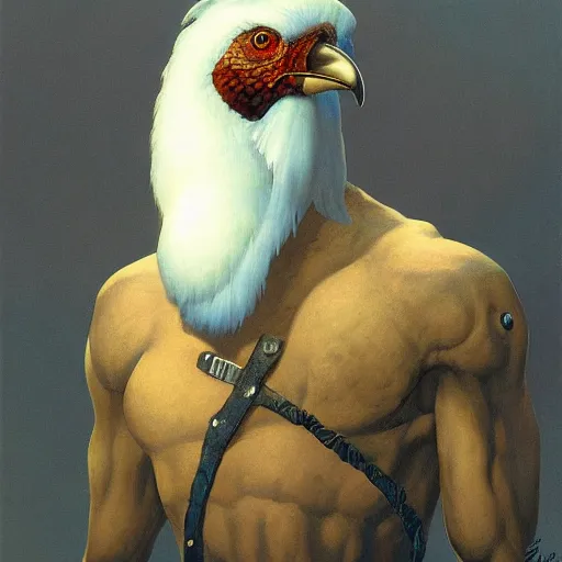 Image similar to portrait of a cowardly and dumb humanoid avian warrior, by Gerald Brom on Artstation