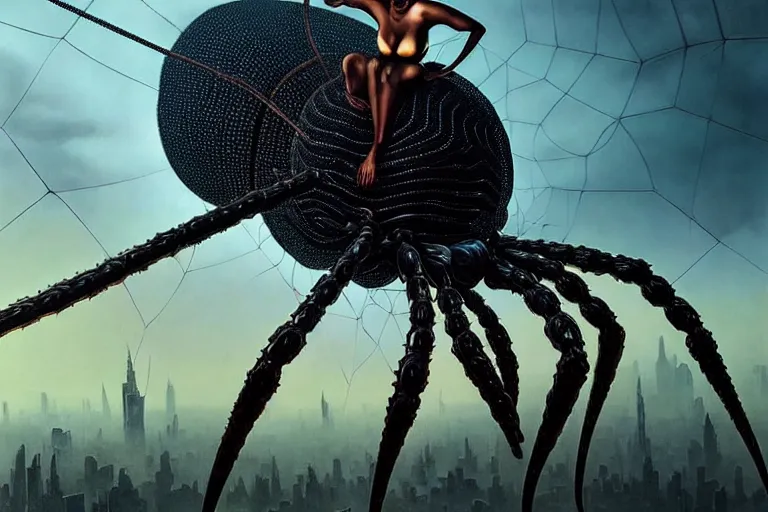 Image similar to realistic detailed portrait movie shot of a beautiful black woman riding a giant spider, dystopian city landscape background by denis villeneuve, amano, yves tanguy, alphonse mucha, max ernst, ernst haeckel, kehinde wiley, caravaggio, david lynch, roger dean, cyber necklace, rich moody colours, sci fi patterns, dramatic, wide angle