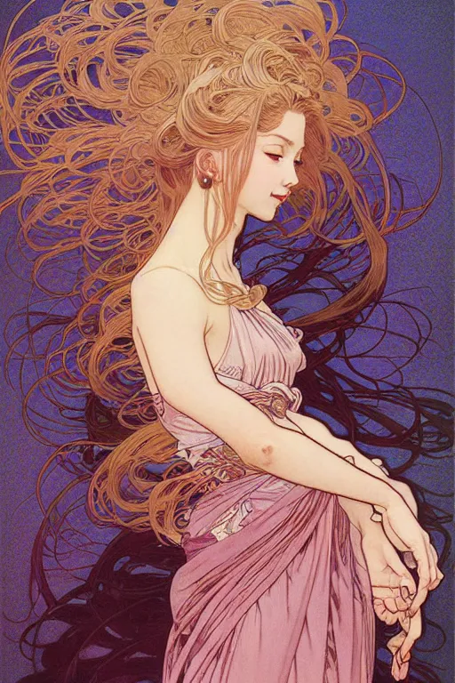 Image similar to beautiful portrait pastel painting of a female, blush, pleated skirt, flowing hair, slim face, elegant, alphonse mucha, by yoichi hatakenaka, masamune shirow, josan gonzales and dan mumford, ayami kojima, takato yamamoto, barclay shaw, karol bak, yukito kishiro