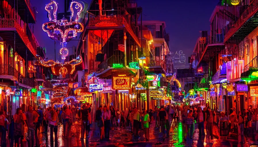 Image similar to crowded neo - gothic bourbon street with color lights, neons, fanfare, hyperdetailed, artstation, cgsociety, 8 k