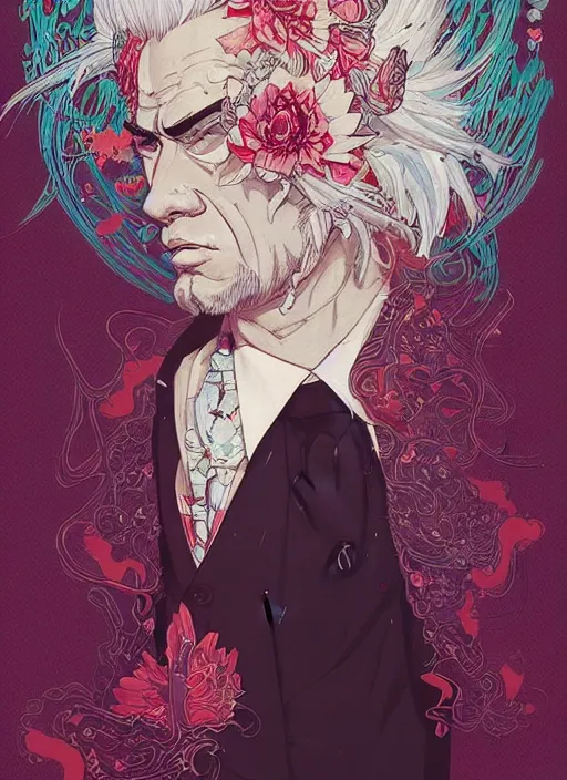 Prompt: beautiful illustration of a white haired yakuza in a suit, in the style of james jean and victo ngai and sam guay and moebius and sam spratt, vibrant moody colors, comic cover art, trending on artstation