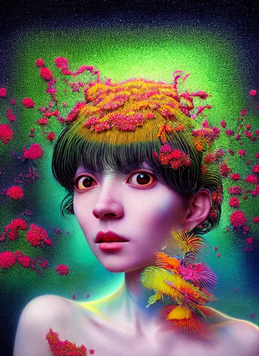 Image similar to hyper detailed 3d render like a Oil painting - kawaii portrait Aurora (black haired Fae) seen Eating of the Strangling network of yellowcake aerochrome and milky Fruit and Her delicate Hands hold of gossamer polyp blossoms bring iridescent fungal flowers whose spores black the foolish stars by Jacek Yerka, Mariusz Lewandowski, Houdini algorithmic generative render, Abstract brush strokes, Masterpiece, Edward Hopper and James Gilleard, Zdzislaw Beksinski, Mark Ryden, Wolfgang Lettl, hints of Yayoi Kasuma, octane render, 8k