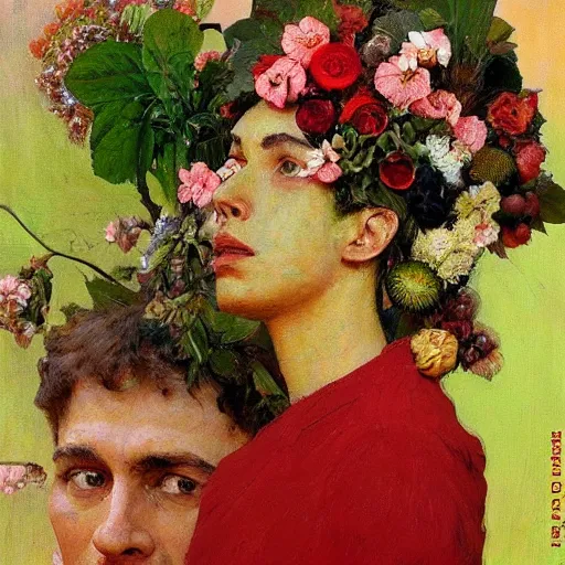 Prompt: a sculpture portrait made of kiwi and strawberries and flowers and plants, painting part by wojciech siudmak, part by ilya repin, part by max ernst, part by norman rockwell, artstation