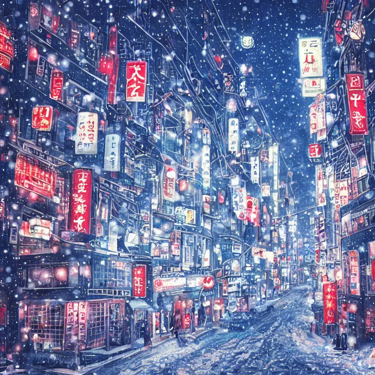 Prompt: beautiful and detailed illustration of tokyo with many lights and lens flares, snowy winter christmas night