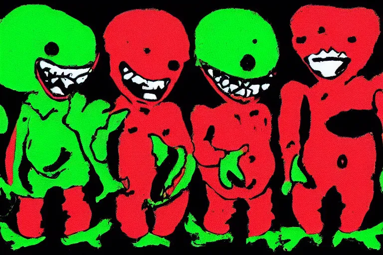 Prompt: red on green blue black simple colors white background simple ms paint doodle of group portrait of grey goblins looking funny looking smug