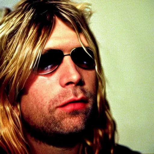 Prompt: Kurt Cobain lead vocalist and primary songwriter of the rock band Nirvana, a colorized photo by David Gilmour Blythe, dribble, neoplasticism, 1990s, associated press photo, masterpiece