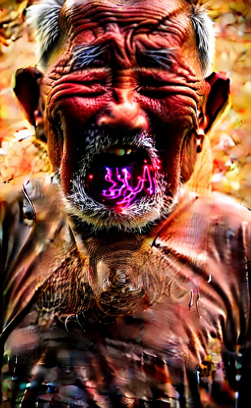 Image similar to screaming old asian man with beard, his head covered in jewels, full face silver mask, glowing eyes, wearing a wooden stick, smoke around him, in the dry rock desert, cinematic shot, wide angle, desert background, award winning photography, 8k, in the style of David Lynch, Alejandro Jodorowsky and Gaspar Noe