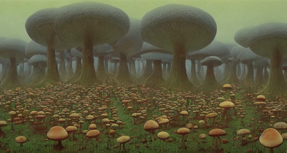 Image similar to A tribal village in a forest of giant mushrooms, by Zdzisław Beksiński