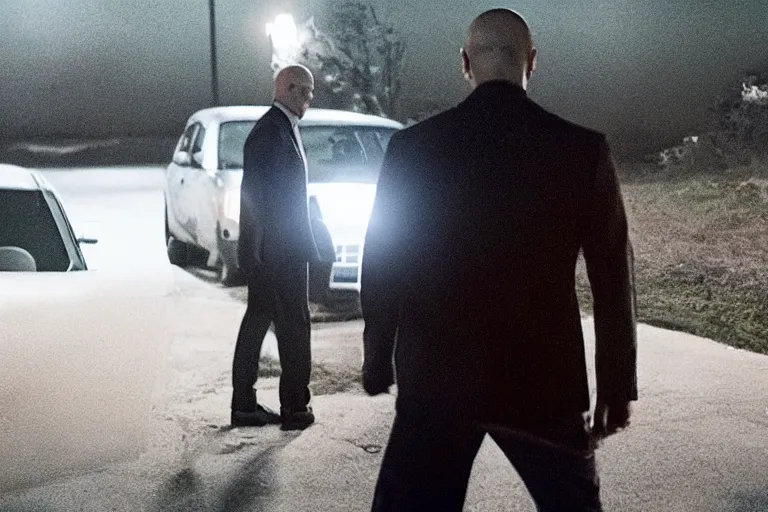 Prompt: movie scene, hitman waiting outside a house in his car, night, silenced pistol, by emmanuel lubezki