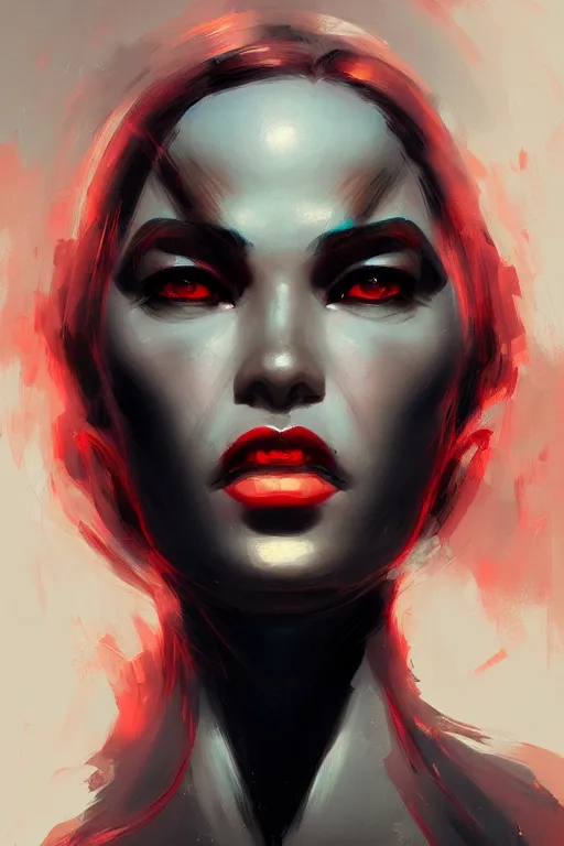 Prompt: closeup portrait noir femme fatale by sabbas apterus and james jean, warm saturated colors, concept art, beautiful composition, digital painting, trending on artstation