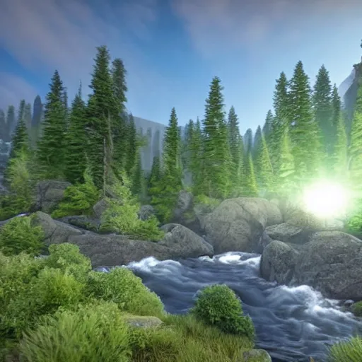 Prompt: « mountain in the background, a river in the middle ground, trees, a bear near a tree, glowing light, photorealistic, unreal engine 5, sharp focus, some rocks in the river, some birds in the sky, and a small woody house on the right far »