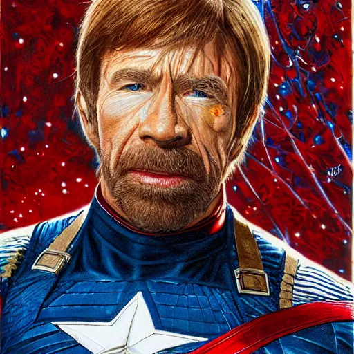 Image similar to uhd photorealistic detailed image of chuck norris dressed as captain america, wearing extremely intricate costume, by ayami kojima amano karol bak tonalism