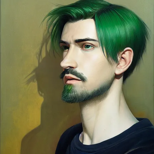 Image similar to A ultra-detailed beautiful portrait painting of a man with medium-length green hair and stubble, Oil painting, by Ilya Kuvshinov, Greg Rutkowski and Makoto Shinkai