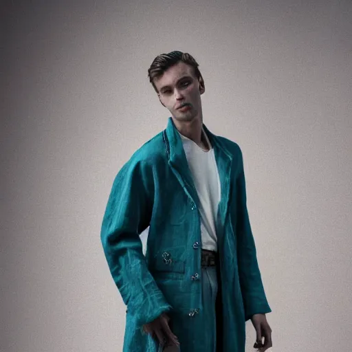 Prompt: an award - winning closeup editorial photo of a male model wearing a teal distressed baggy medieval linen menswear jacket by alexander mcqueen, 4 k, studio lighting, wide angle lens