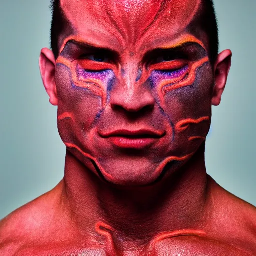 Prompt: extremely muscular man with effonate face and intricate fluorescent body paint, studio portrait photography, Portra 800