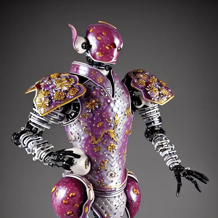 Image similar to ceramic cyborg, Kakiemon design armor with plums and stylized flowers in glaze and gilding, diffuse lighting, fantasy, intricate, elegant, highly detailed, lifelike, photorealistic, digital painting, artstation, illustration, concept art, smooth, sharp focus, art by John Collier and Albert Aublet and Krenz Cushart and Artem Demura and Alphonse Mucha