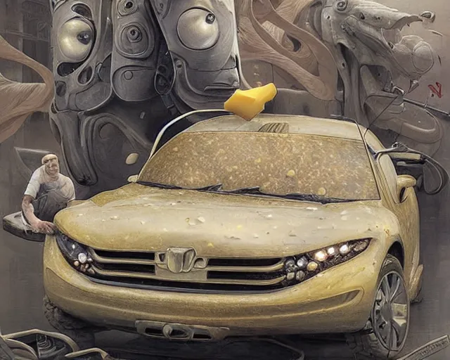 Image similar to a car made of cheese, many holes, concept art by joao ruas, highly detailed, hyperrealistic, artgerm, Tomasz Alen Kopera, WLOP, Boris Vallejo