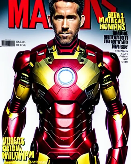 Image similar to ryan reynolds wearing an iron man suit without the mask, magazine cover, dramatic, studio lighting, photoshoot