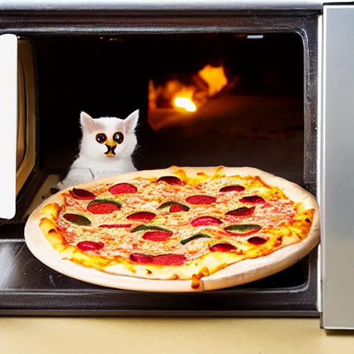 Prompt: studio photograph, a cat taking a pizza out of an oven