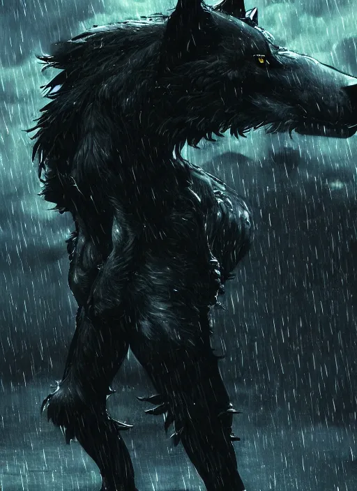 Image similar to Giant wolf with glowing eyes near small village, raining, full moon. In style of Yoji Shinkawa and Hyung-tae Kim, trending on ArtStation, dark fantasy, great composition, concept art, highly detailed, dynamic pose.