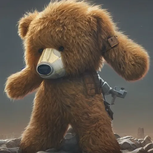 Image similar to mean fluffy teddybear protecting girl, dystopian, sci-fi, extremely detailed, digital painting, sculpted in zbrush, artstation, concept art, smooth, sharp focus, illustration, chiaroscuro lighting, golden ratio, incredible art by artgerm and greg rutkowski and alphonse mucha and simon stalenhag