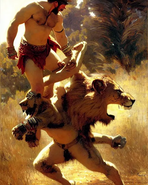 Image similar to handsome gladiator chris evans wrestling a lion, painting by gaston bussiere, craig mullins, j. c. leyendecker