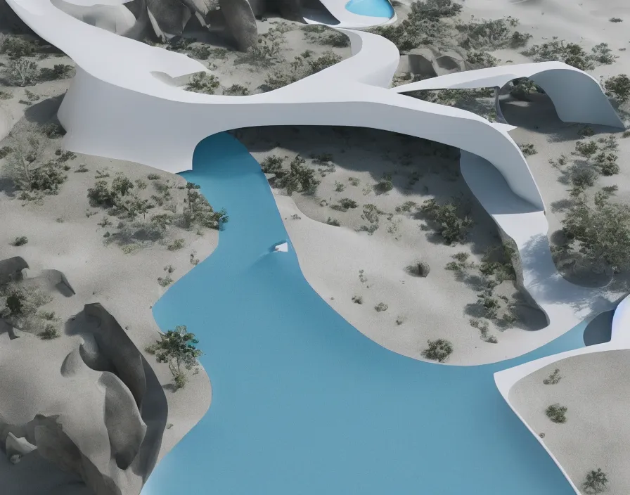 Image similar to desert, white minimalist architecture, stone grotto in the center, portal. zaha hadid, oscar niemeyer, architectural rendering. trending on artstation. vogue magazine. halo. octane rendering, cinematic, hyperrealism, bokeh. iridescent accents. teal gold and blue color scheme