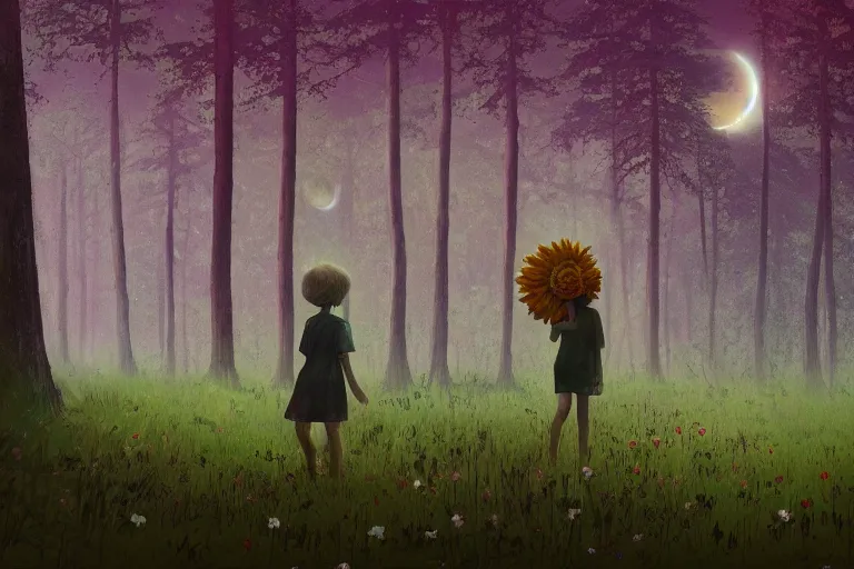 Image similar to giant daisy flower as face, girl walking in forest, surreal photography, dark night, stars, moon light, impressionist painting, clouds, digital painting, artstation, simon stalenhag