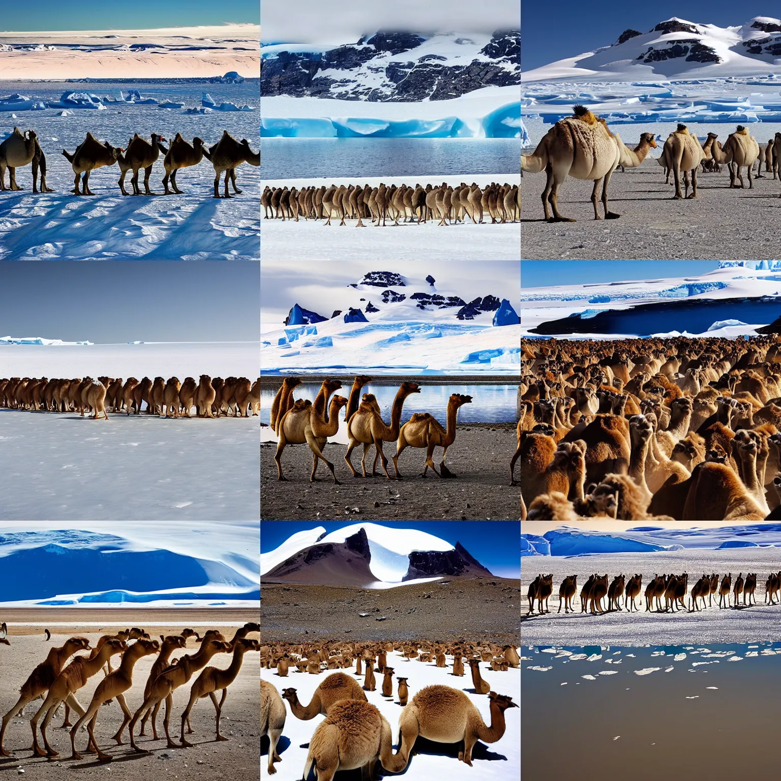 Prompt: An oasis in Antarctica, as a herd of camels walk by, award winning wide angle nature photography by National Geographic