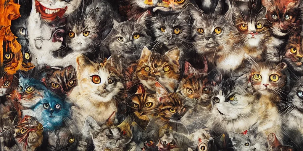 Image similar to mad cats, collage, acrylic on canvas, muralism, high resolution, cinematic, unreal 6 breathtaking detailed, breathtaking detailed, by blake neubert