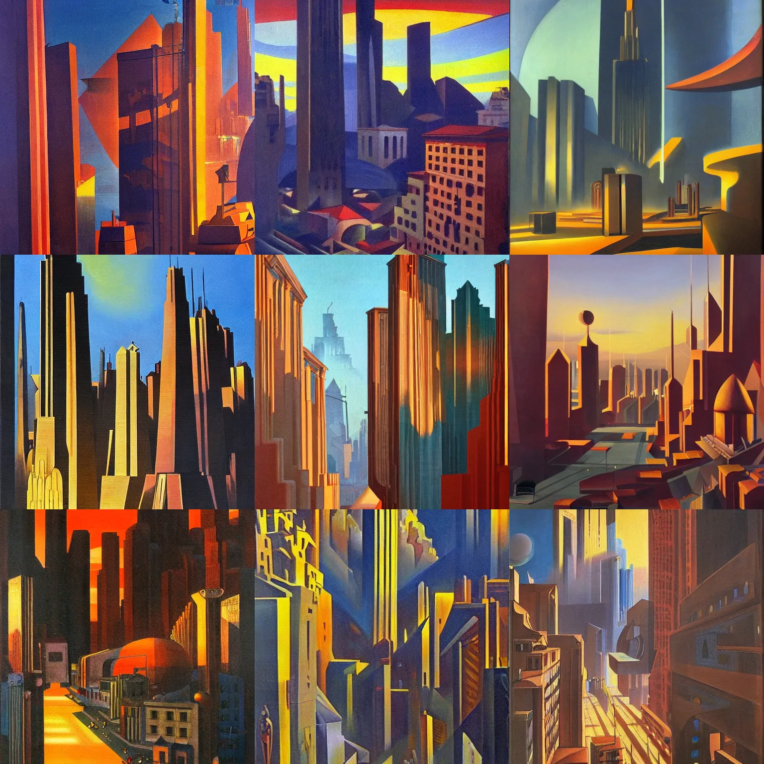 Prompt: the city of giants, italian futurism, oleo painting, art deco, volumetric lighting