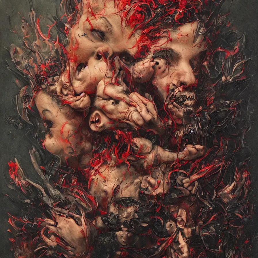 Image similar to male portrait of satan eating babies and puking blood, surrounded by black flowers, art by francis bacon, karol bak, james jean, tom bagshaw, rococo, trending on artstation, cinematic lighting, hyper realism, dramatic, emotional, octane render, 8 k, hyper detailed.