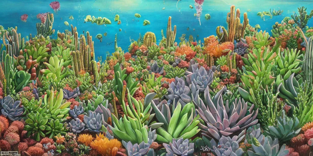 Image similar to a desert with a lot of succulents and exotic flowers, underwater, super detailed acrylic painting, movie poster 7 0's