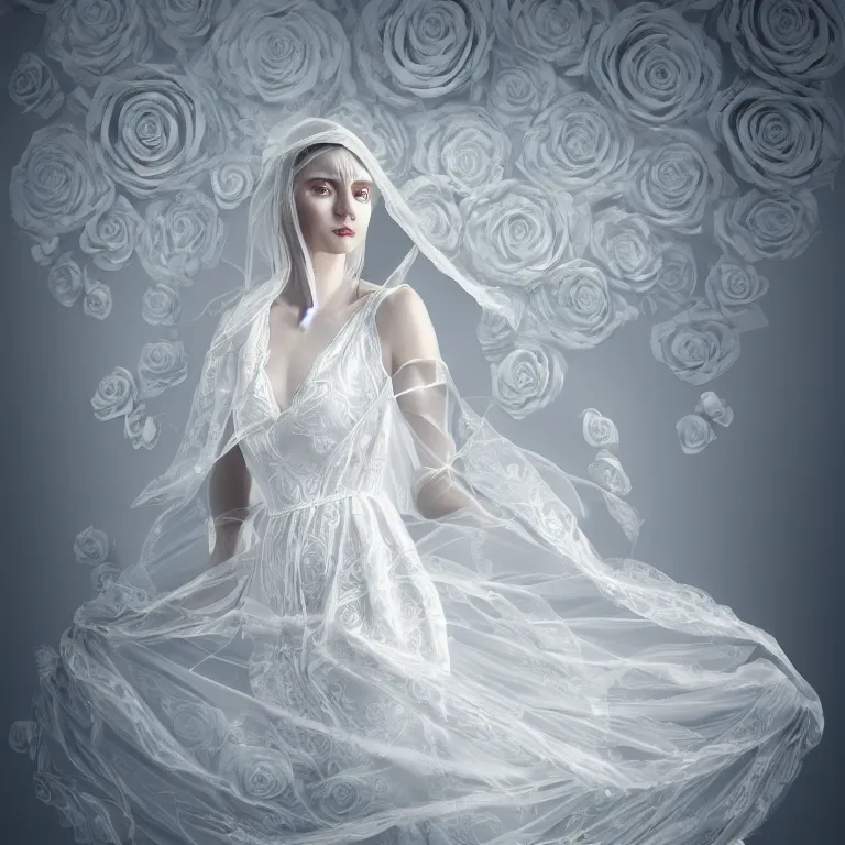 Prompt: hight focus of a wonderful realistic focused sweet wonderful symmetrical centered mid portrait of a lonely wonderful woman with a detailed wonderful, majestic, large semi transparent white cotton dress ornate with semi transparent white cotton roses and semi transparent white veils, dramatic light, octane render, - 8 k