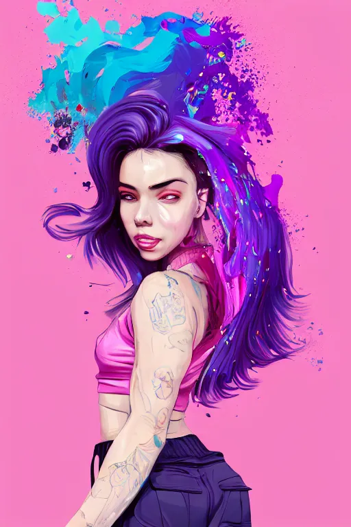 Image similar to a award winning half body portrait of a beautiful woman in a croptop and cargo pants with ombre purple pink teal hairstyle with head in motion and hair flying by artgerm, paint splashes, splatter, outrun, vaporware, shaded flat illustration, digital art, trending on artstation, highly detailed, fine detail, intricate