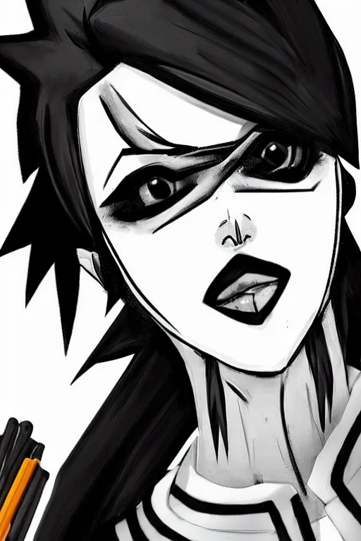 Image similar to “ digital drawing of tracer from overwatch in 3 d style, wearing black lipstick and black eyeliner, goth outfit, black hair, 4 k, detailed face, smirky expression ”