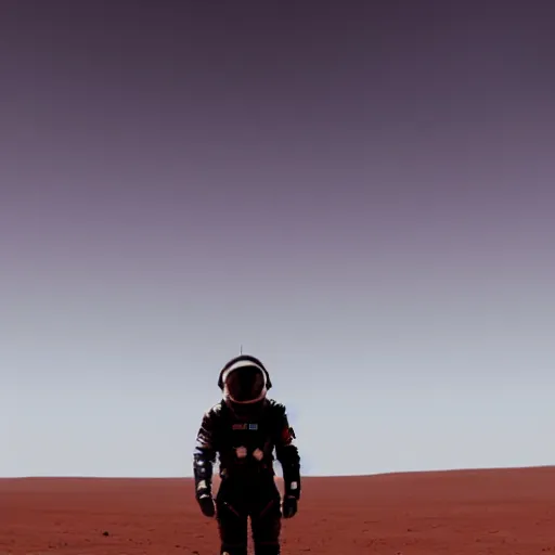 Image similar to a movie still of a spaceman in a futuristic black space suit on a desert planet