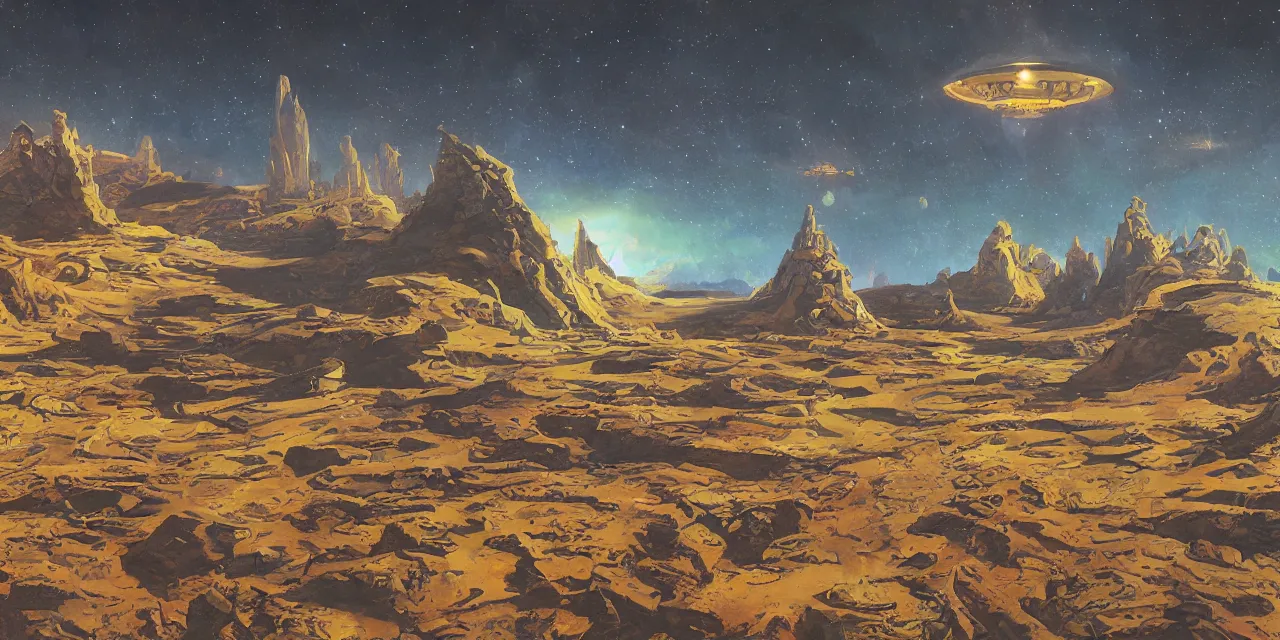 Image similar to artwork in the style of finnian macmanus and in the style of chesley bonestell.