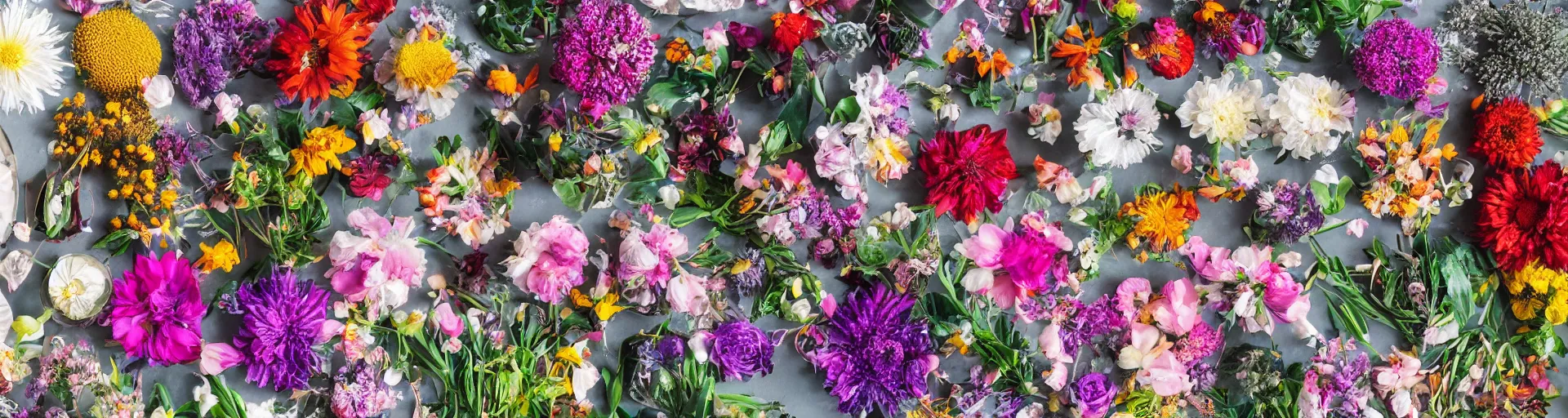 Image similar to a knolling of beautiful alien flowers of all different kinds and varieties, overhead view, flatlay