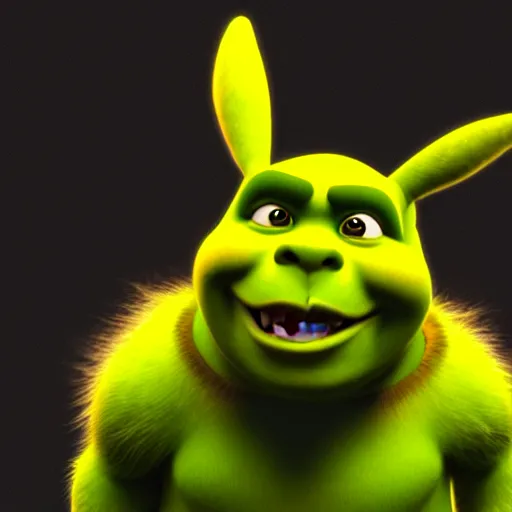 Image similar to shrek as pikachu, highly detailed, extremely high quality, hd, 4 k, 8 k, canon 3 0 0 mm, professional photographer, 4 0 mp, lifelike, top - rated, award winning, realistic, detailed lighting, detailed shadows, sharp, no blur, edited, corrected, trending