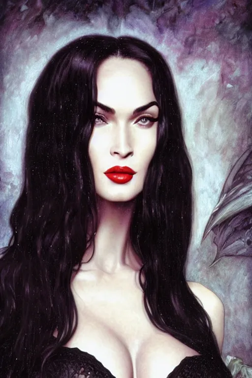 Prompt: megan fox, claudia black hybrid as morticia addams, masterpiece, intricate, elegant, highly detailed, digital painting, artstation, concept art, smooth, sharp focus, illustration, art by artgerm and greg rutkowski and alphonse mucha and uang guangjian and gil elvgren and sachin teng, symmetry!!