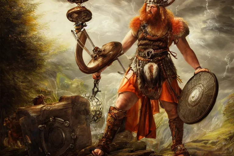 Prompt: mythological Viking Shaman of artificial intelligence creating an artificial neural network with synapses on an anvil, high resolution, award winning art, trending on art station, sharp image, incredibly detailed, detailed character realistic painting, painting by peter paul rubens